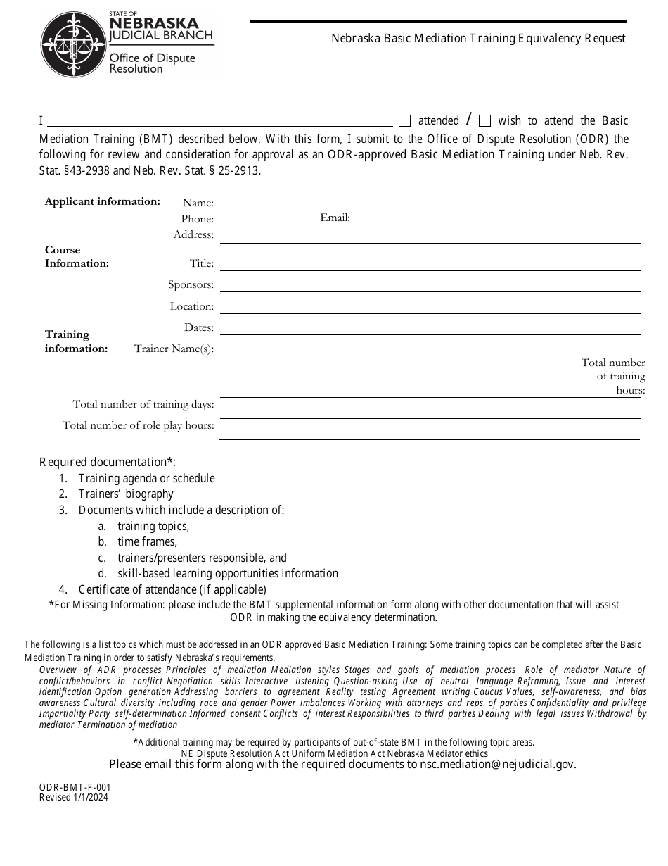 Form ODR-BMT-F-001 Nebraska Basic Mediation Training Equivalency Request - Nebraska, Page 1