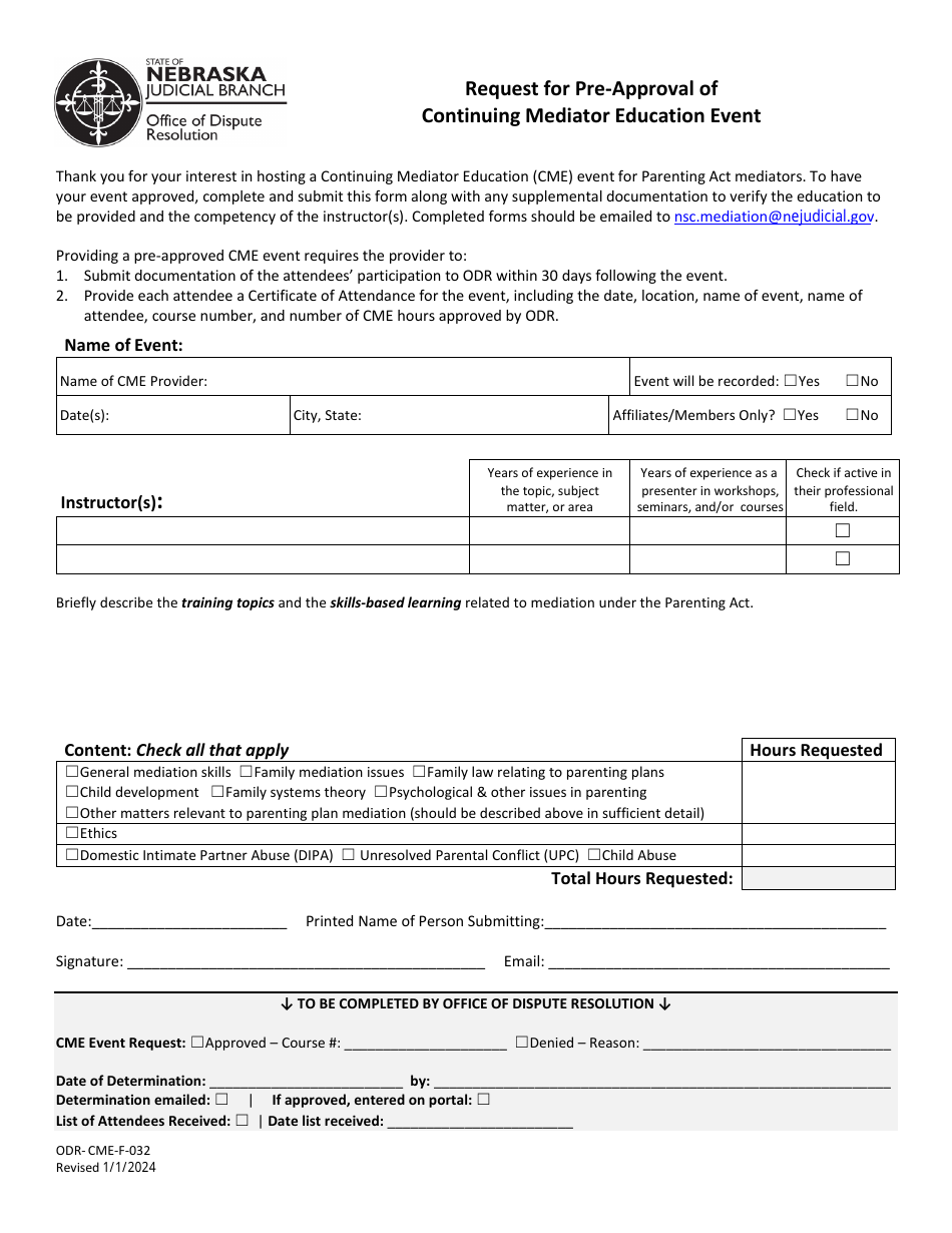 Form ODR-CME-F-032 Request for Pre-approval of Continuing Mediator Education Event - Nebraska, Page 1