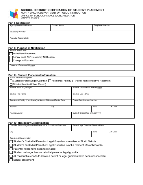 Form SFN18119 School District Notification of Student Placement - North Dakota