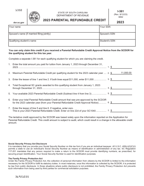 Form I-361 Parental Refundable Credit - South Carolina, 2023