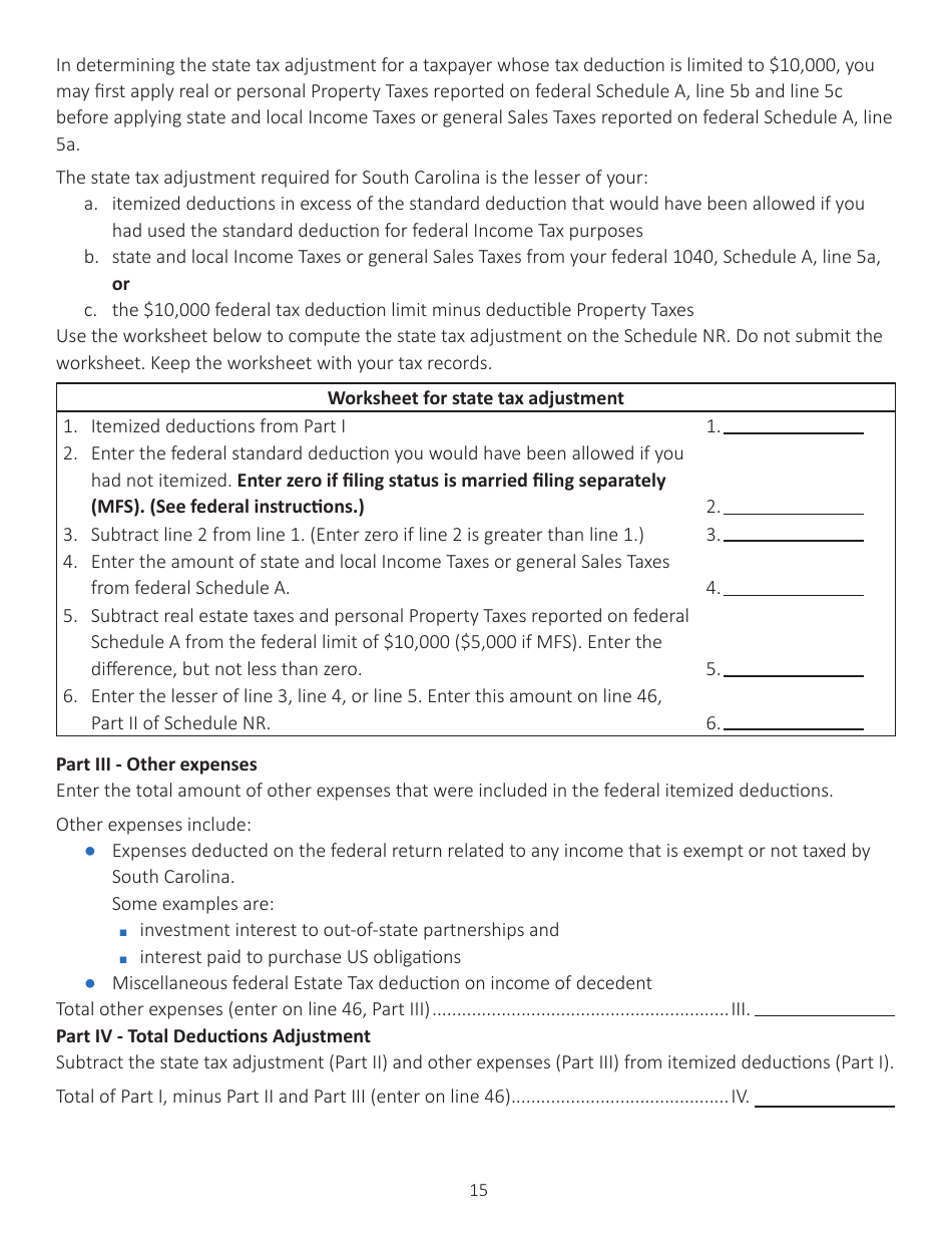 Instructions for Schedule NR Nonresident Schedule - South Carolina, Page 15