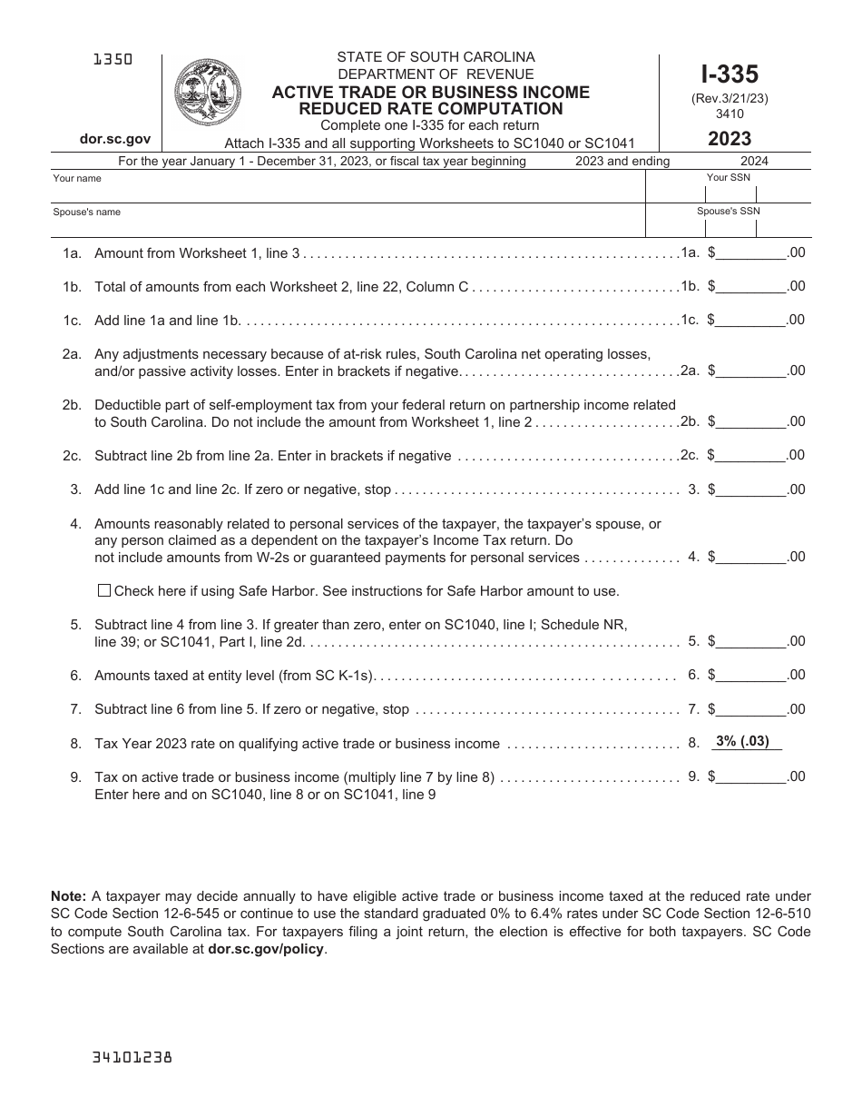 Form I-335 Active Trade or Business Income Reduced Rate Computation - South Carolina, Page 1