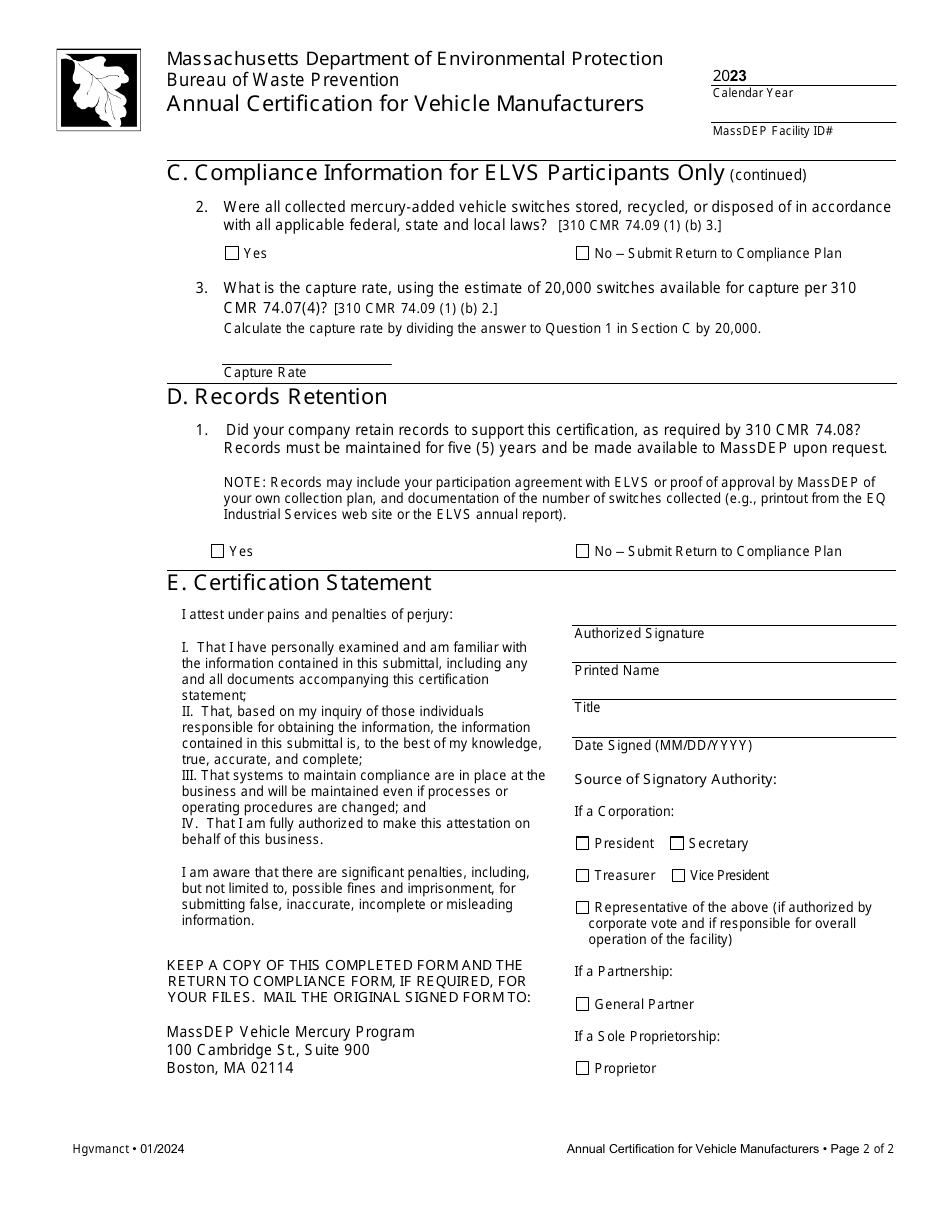Annual Certification for Vehicle Manufacturers - Massachusetts, Page 2