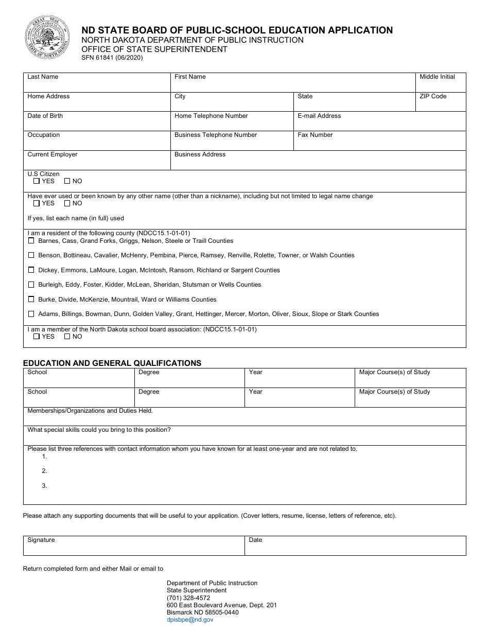 Form SFN61841 Nd State Board of Public-School Education Application - North Dakota, Page 1