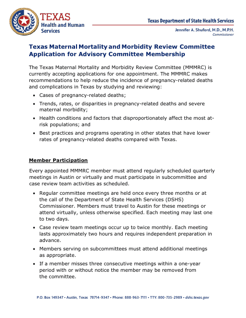 Application for Advisory Committee Membership - Texas Maternal Mortality and Morbidity Review Committee - Texas Download Pdf