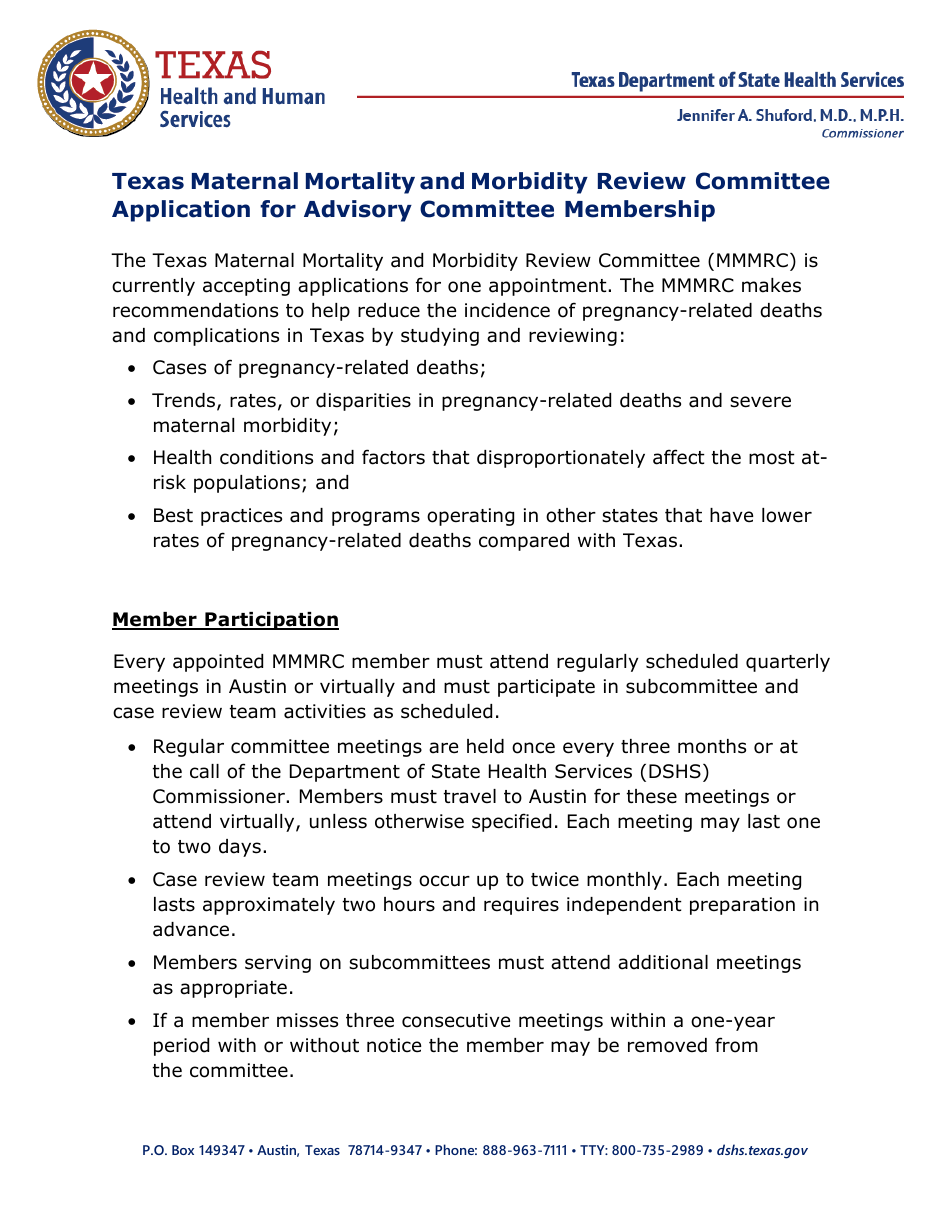 Application for Advisory Committee Membership - Texas Maternal Mortality and Morbidity Review Committee - Texas, Page 1