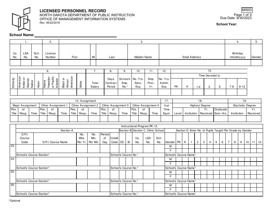 Form MIS03 Licensed Personnel Record - North Dakota, Page 1