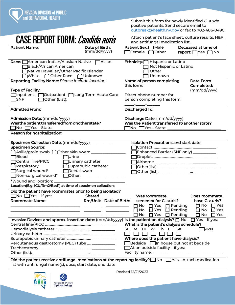 Nevada Case Report Form - Candida Auris Download Fillable PDF ...