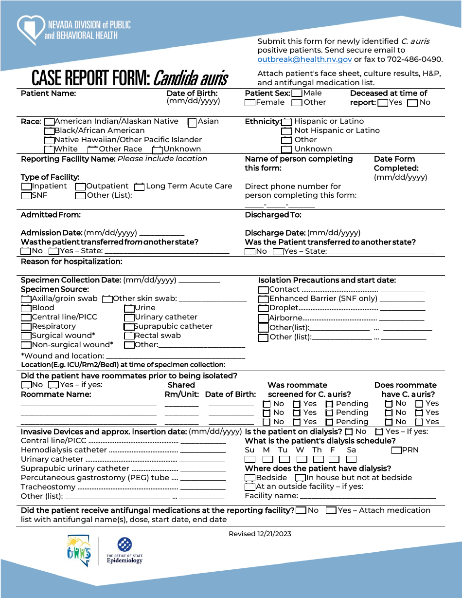 Case Report Form - Candida Auris - Nevada, Page 1