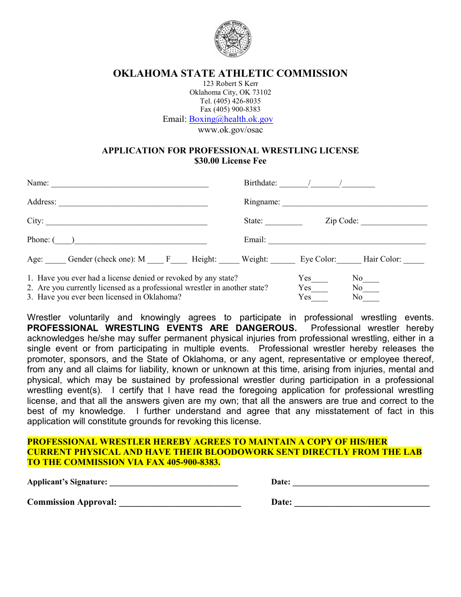 Application for Professional Wrestling License - Oklahoma, Page 1