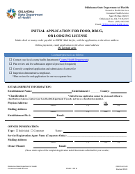 Document preview: ODH Form 543 Initial Application for Food, Drug, or Lodging License - Oklahoma