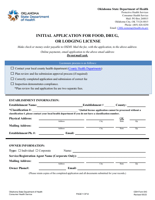 ODH Form 543  Printable Pdf