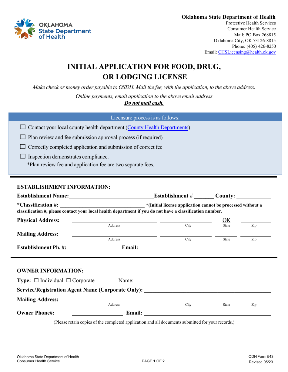 ODH Form 543 Fill Out, Sign Online and Download Fillable PDF, Oklahoma Templateroller