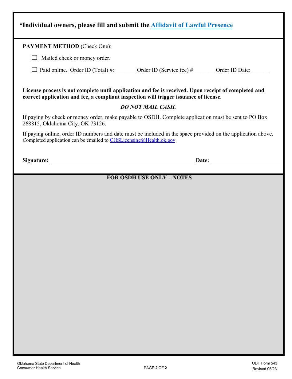 ODH Form 543 Initial Application for Food, Drug, or Lodging License - Oklahoma, Page 2