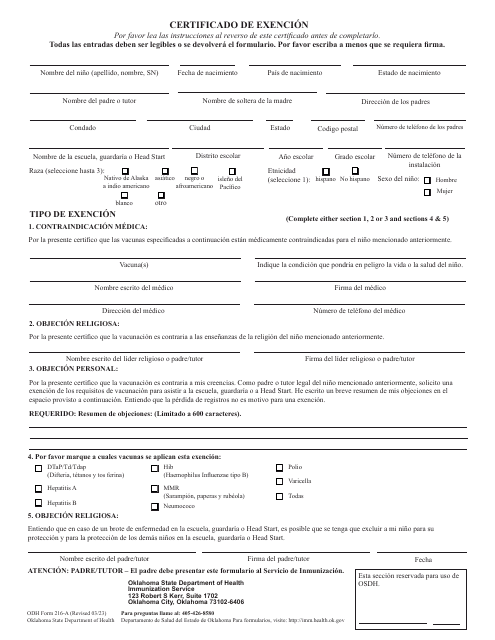 ODH Formulario 216-A  Printable Pdf