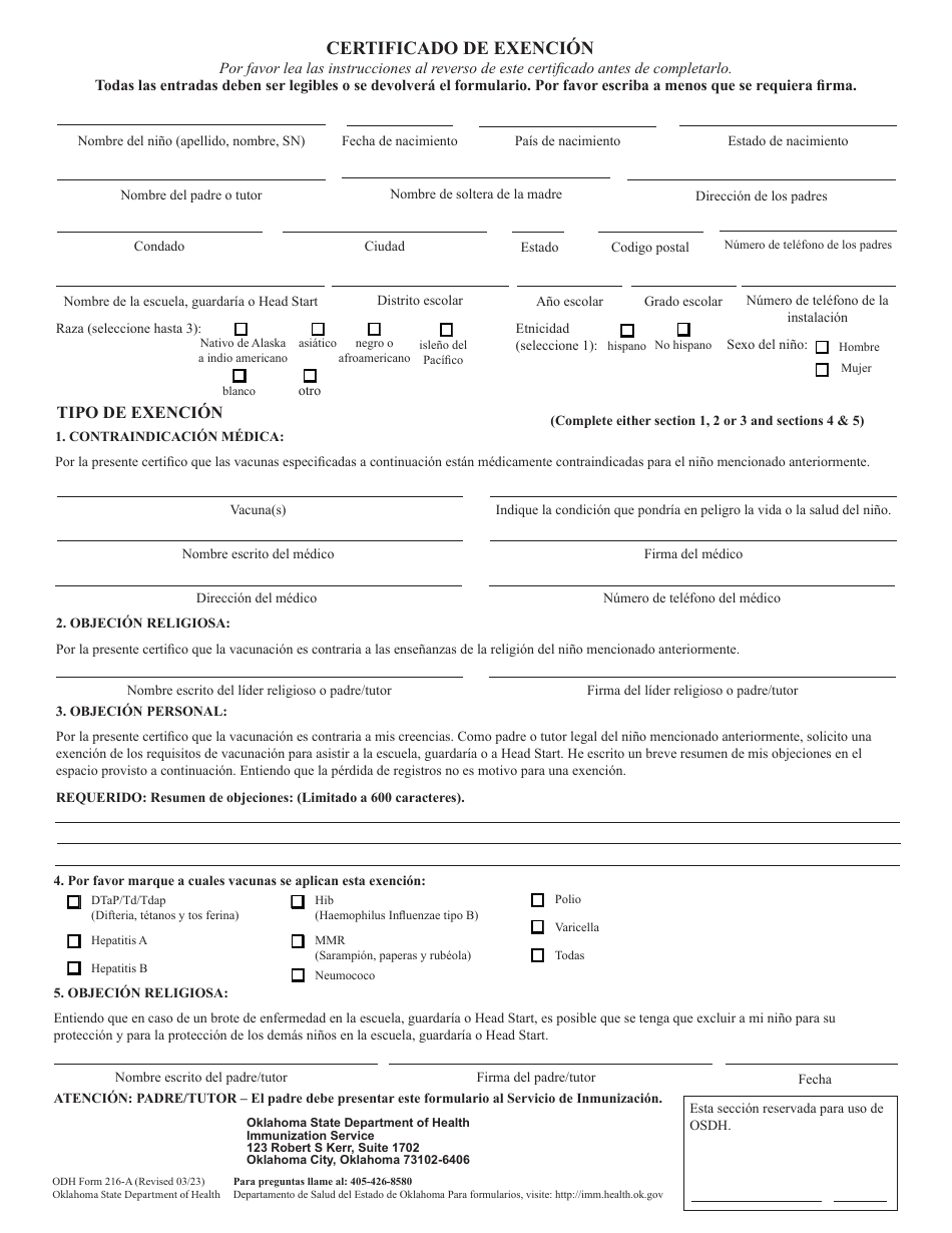 ODH Formulario 216-A Certificado De Exencion - Oklahoma (Spanish), Page 1