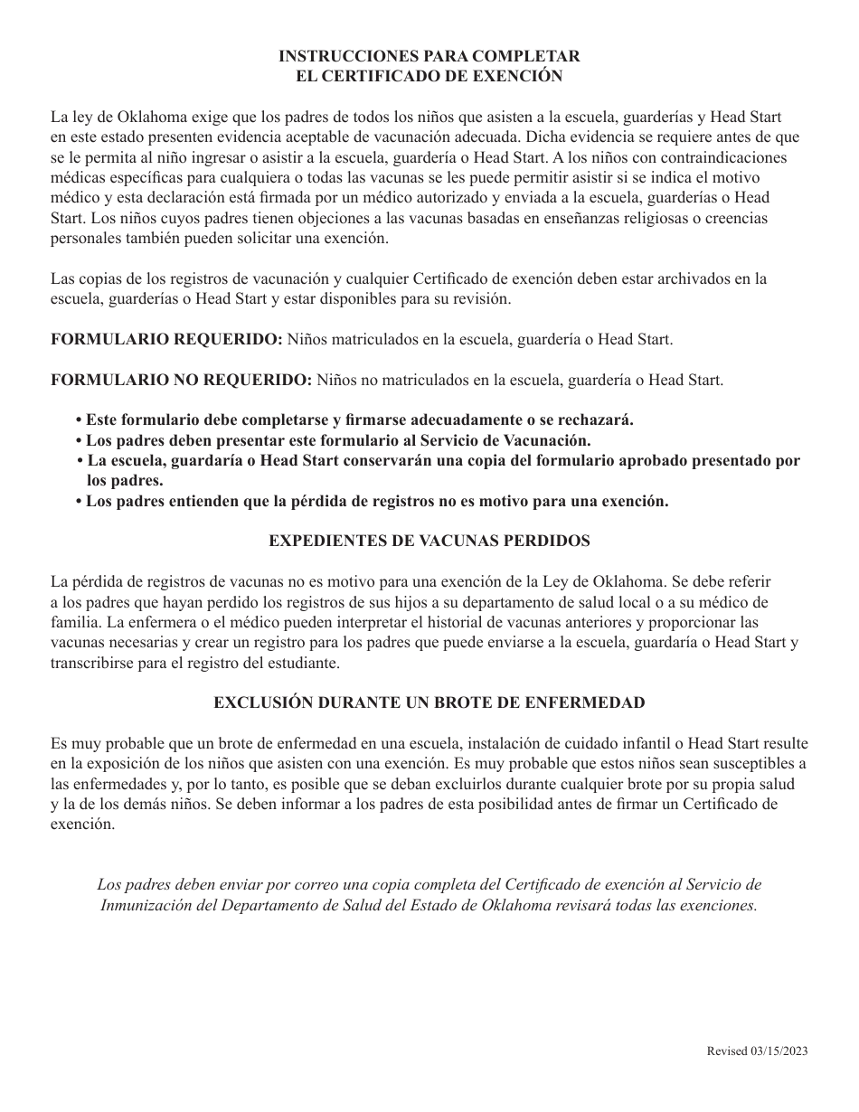 ODH Formulario 216-A Certificado De Exencion - Oklahoma (Spanish), Page 2