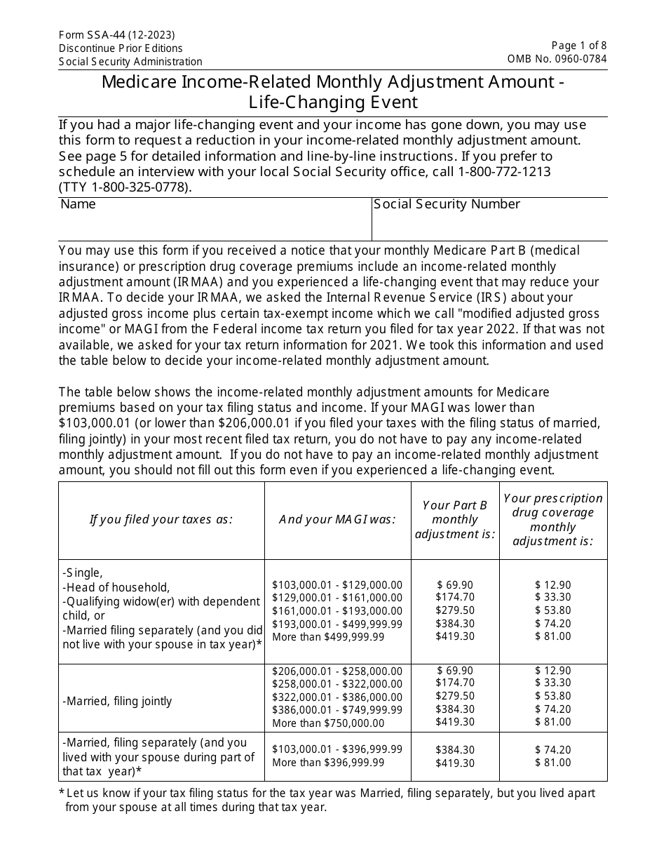 Form SSA-44 Medicare Income-Related Monthly Adjustment Amount - Life-Changing Event, Page 1