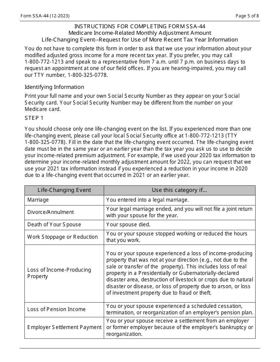 Form SSA-44 Medicare Income-Related Monthly Adjustment Amount - Life-Changing Event, Page 5