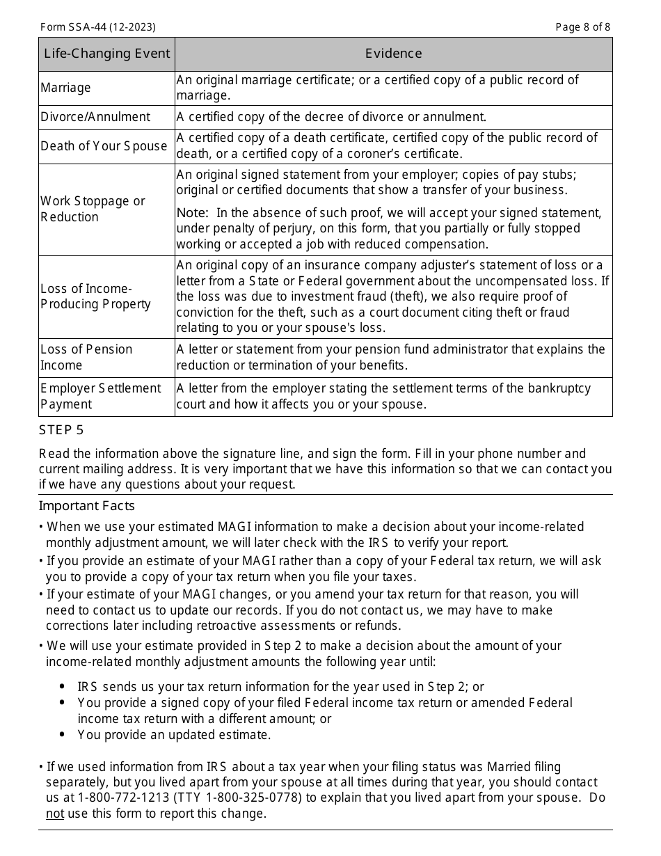 Form SSA-44 Medicare Income-Related Monthly Adjustment Amount - Life-Changing Event, Page 8