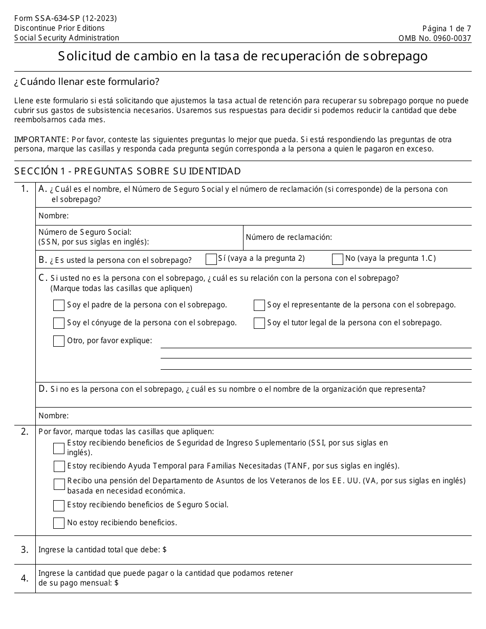 Formulario SSA-634-SP Solicitud De Cambio En La Tasa De Recuperacion De Sobrepago (Spanish), Page 1