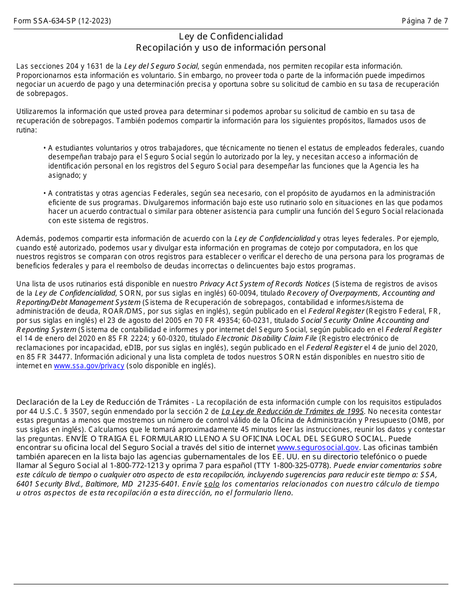 Formulario SSA-634-SP Solicitud De Cambio En La Tasa De Recuperacion De Sobrepago (Spanish), Page 7