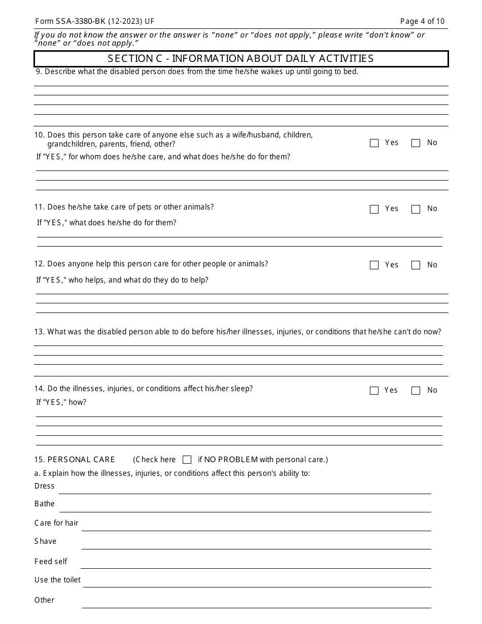 Form SSA-3380-BK Function Report - Adult - Third Party, Page 4