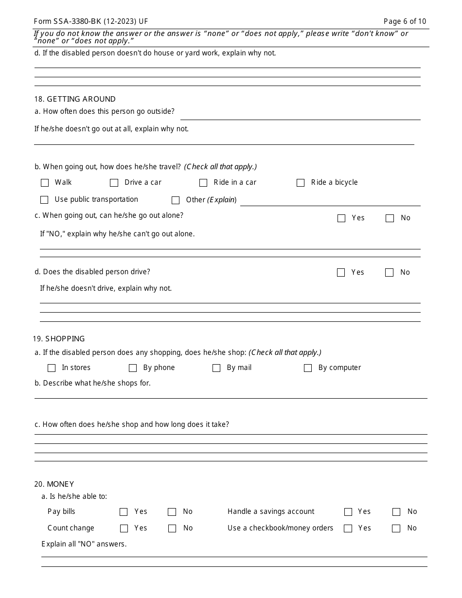 Form SSA-3380-BK Function Report - Adult - Third Party, Page 6