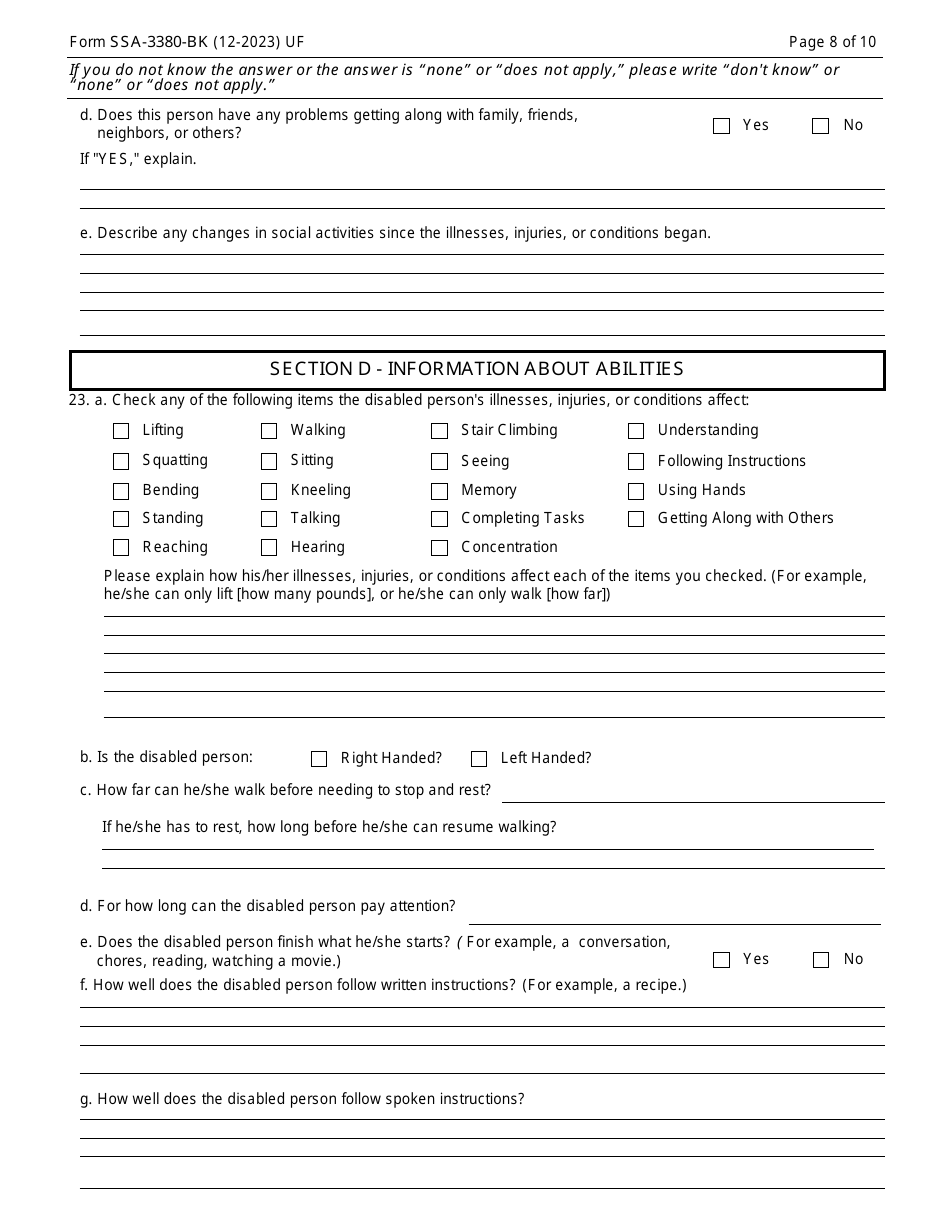 Form SSA-3380-BK Function Report - Adult - Third Party, Page 8