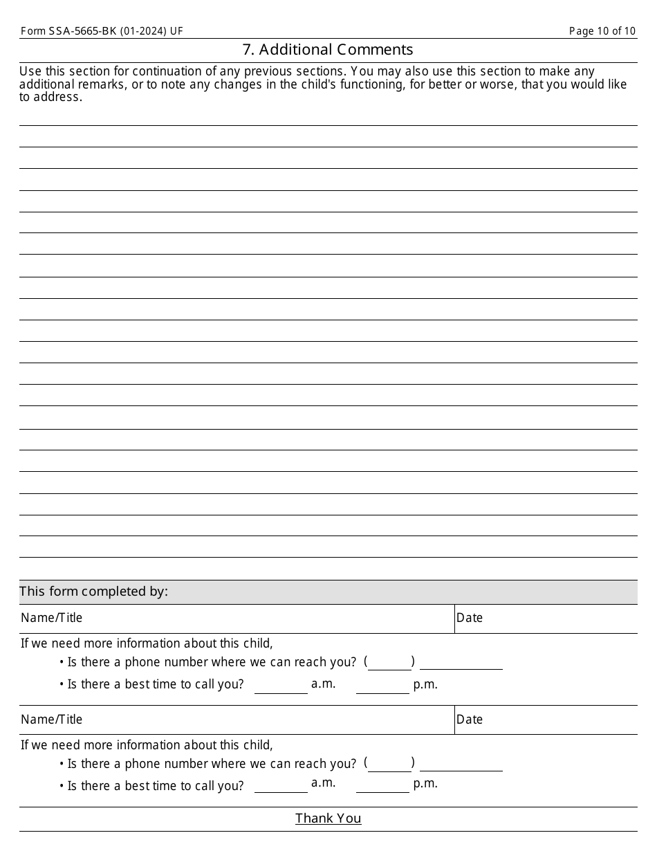 Form SSA-5665-BK Teacher Questionnaire, Page 10