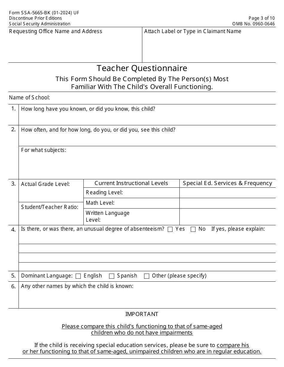 Form SSA-5665-BK Teacher Questionnaire, Page 3