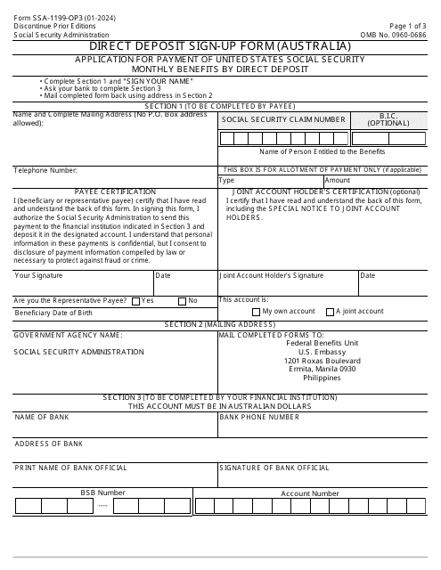 Form SSA-1199-OP3 Direct Deposit Sign-Up Form (Australia)