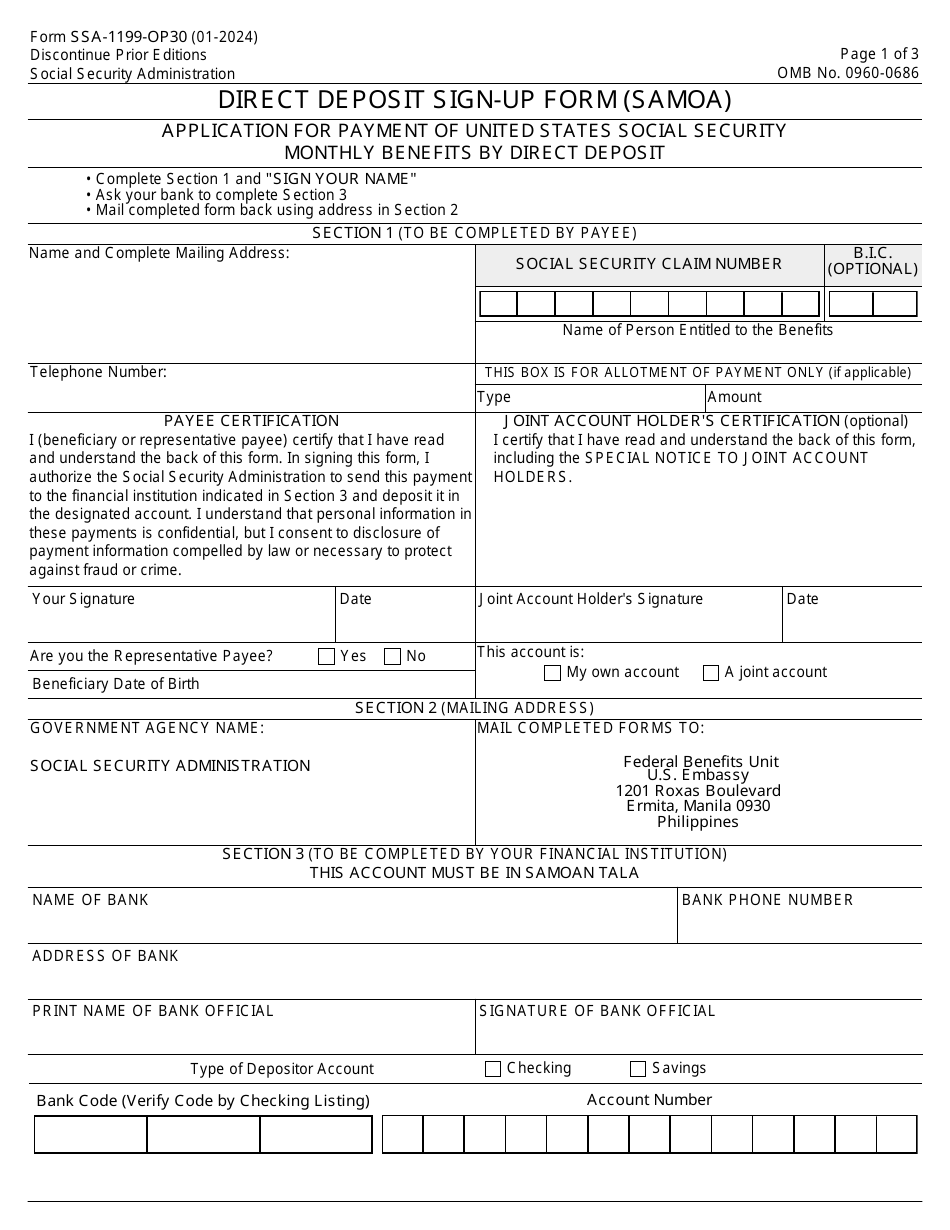 Form SSA-1199-OP30 Direct Deposit Sign-Up Form (Samoa), Page 1