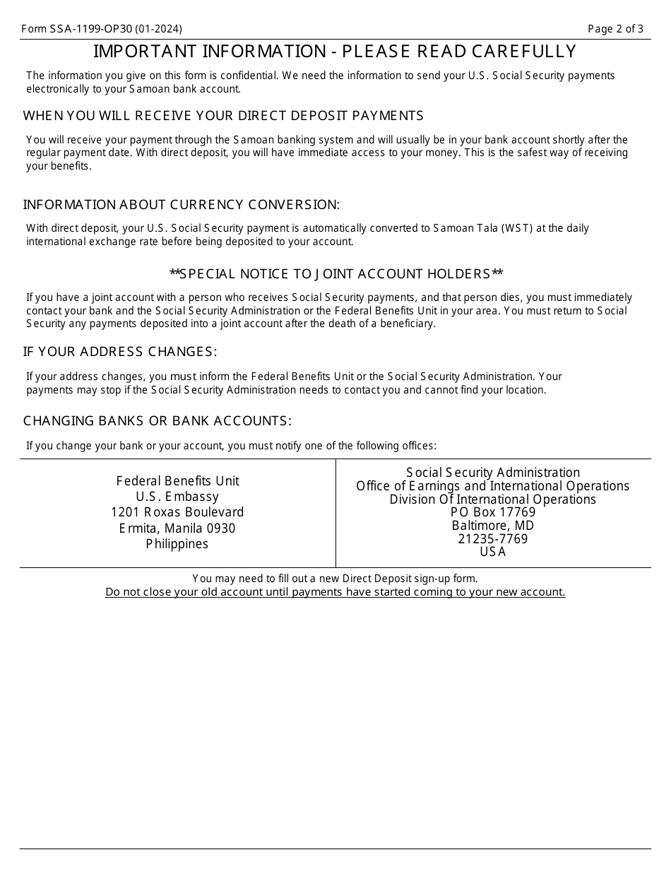 Form SSA-1199-OP30 Direct Deposit Sign-Up Form (Samoa), Page 2