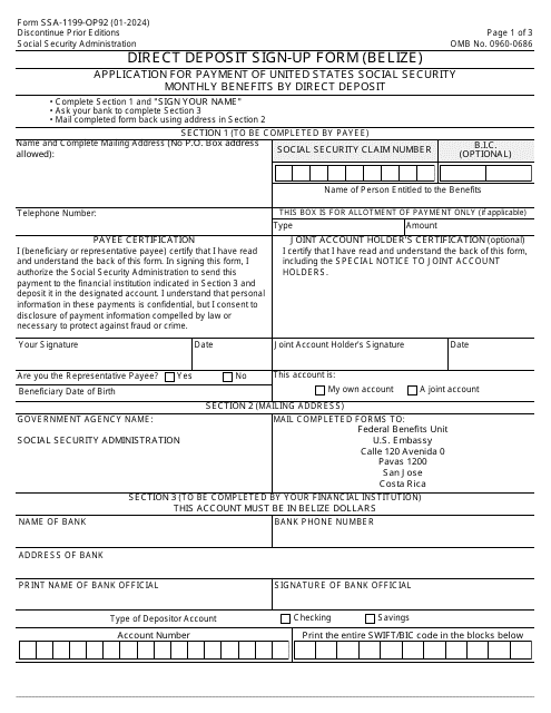 Form SSA-1199-OP92  Printable Pdf