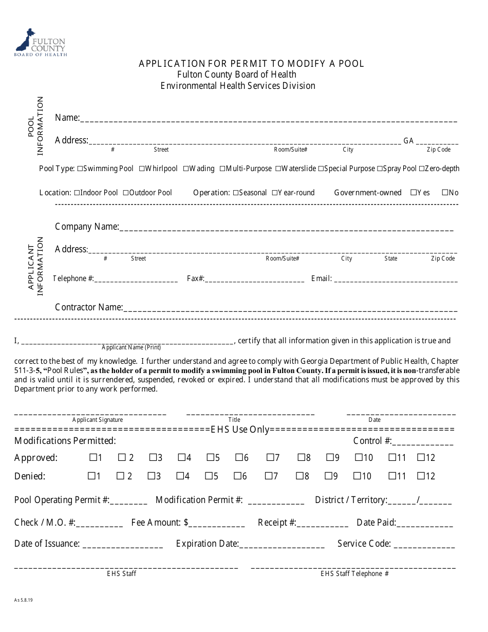 Fulton County Georgia United States Application For Permit To Modify A Pool Fill Out Sign 1956