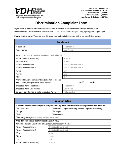 Form 01.01.150 Discrimination Complaint Form - Virginia