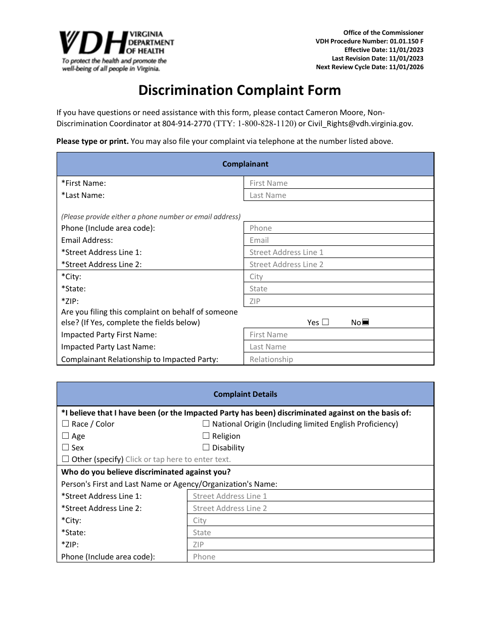 Form 01.01.150 Discrimination Complaint Form - Virginia, Page 1