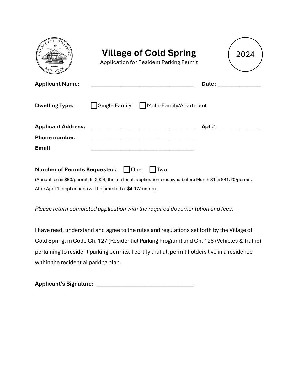 Application for Resident Parking Permit - Village of Cold Spring, New York, Page 1