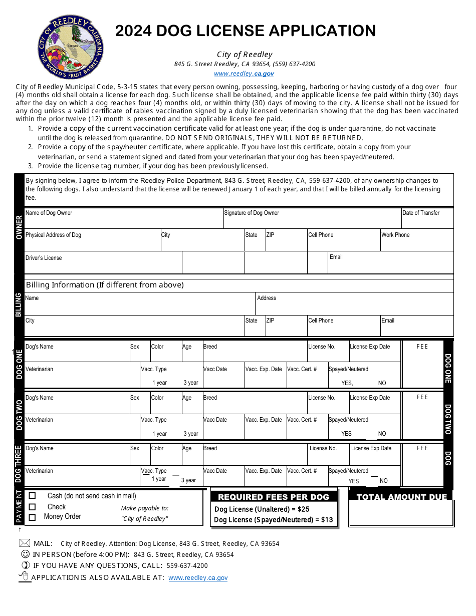 Dog License Application - City of Reedley, California, Page 1