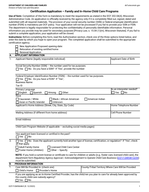 Form DCF-F-DWSW48-E Certification Application - Family and in-Home Child Care Programs - Wisconsin
