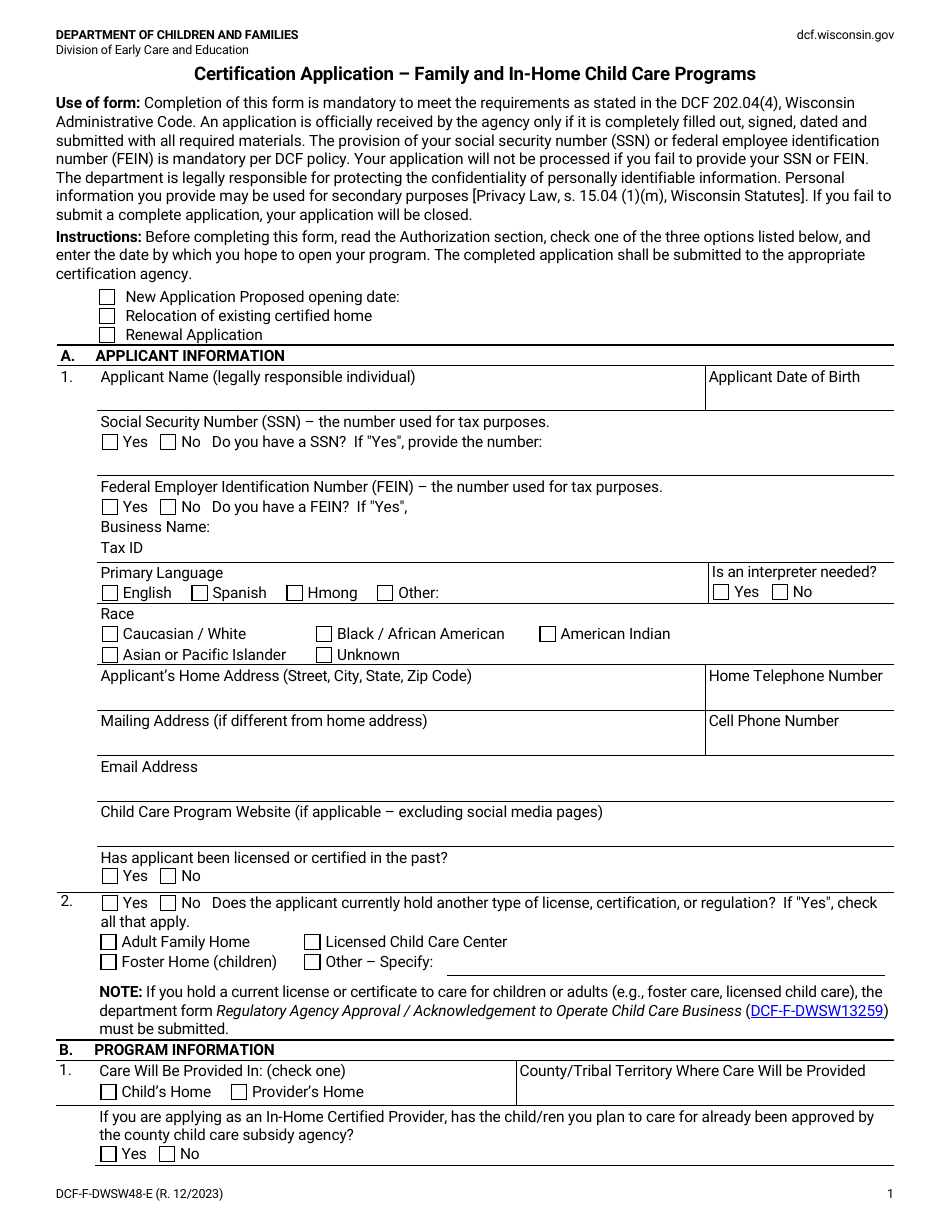 Form DCF-F-DWSW48-E Certification Application - Family and in-Home Child Care Programs - Wisconsin, Page 1