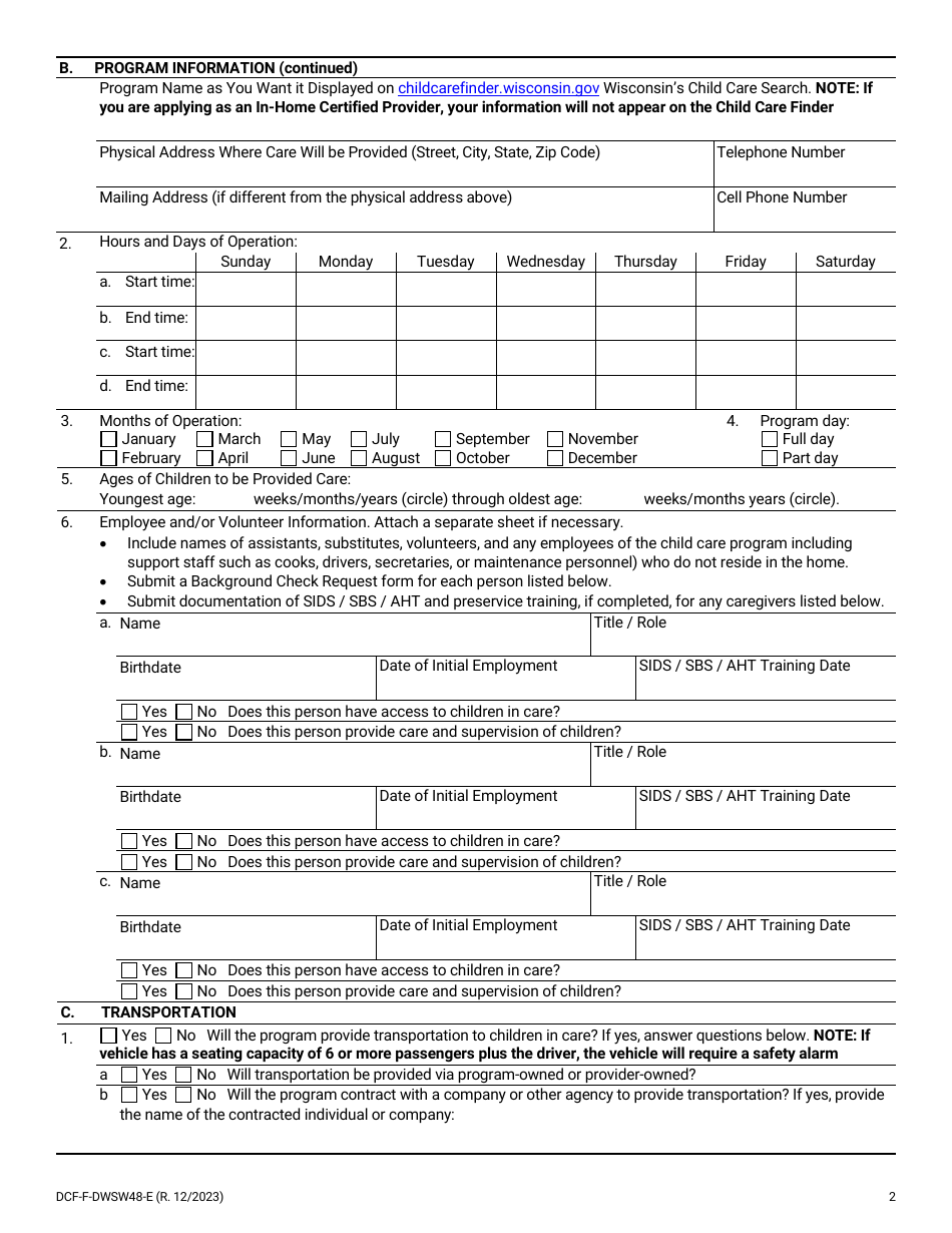 Form DCF-F-DWSW48-E Certification Application - Family and in-Home Child Care Programs - Wisconsin, Page 2