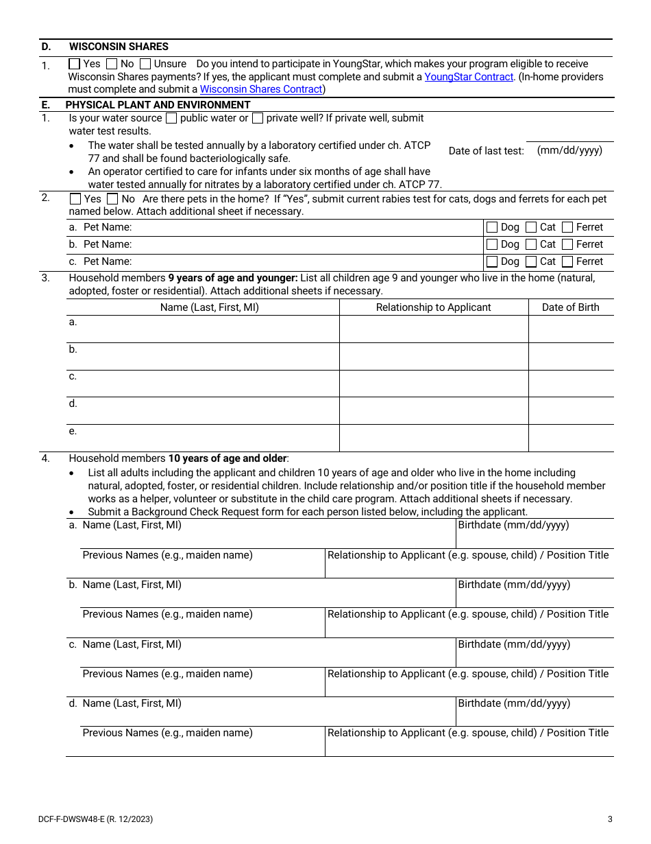 Form DCF-F-DWSW48-E Certification Application - Family and in-Home Child Care Programs - Wisconsin, Page 3