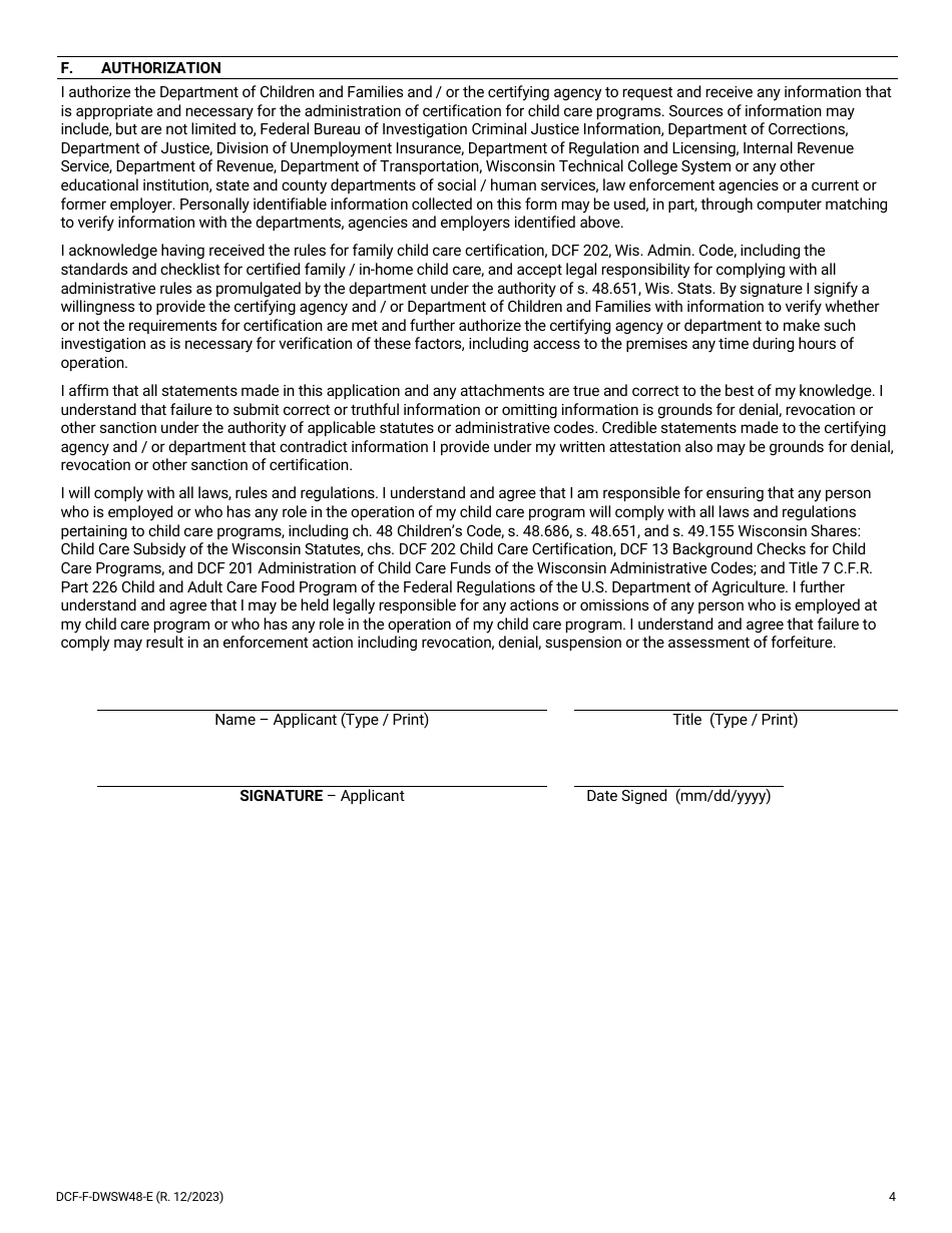 Form DCF-F-DWSW48-E Certification Application - Family and in-Home Child Care Programs - Wisconsin, Page 4