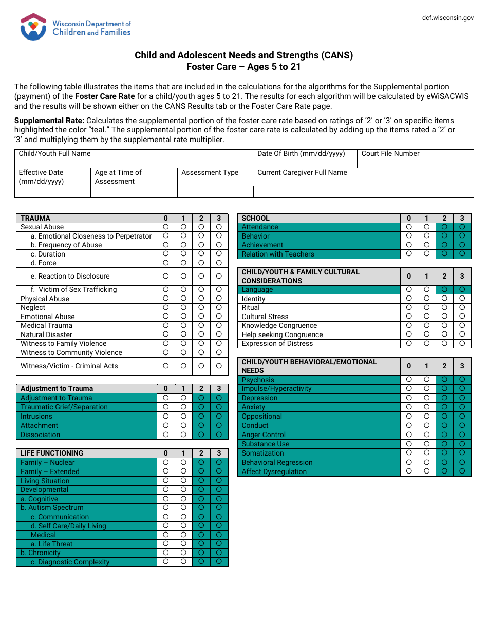 Form DCF-P-5696 Child and Adolescent Needs and Strengths (Cans) Foster Care - Ages 5 to 21 - Wisconsin, Page 1