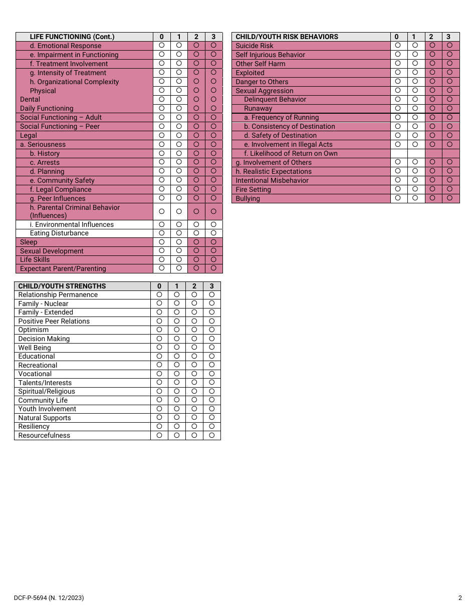 Form DCF-P-5694 Child and Adolescent Needs and Strengths (Cans) Subsidized Guardianship / Adoption Assistance - Ages 5 to 21 - Wisconsin, Page 2