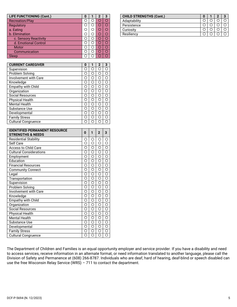 Form DCF-P-5694 Child and Adolescent Needs and Strengths (Cans) Subsidized Guardianship / Adoption Assistance - Ages 5 to 21 - Wisconsin, Page 5
