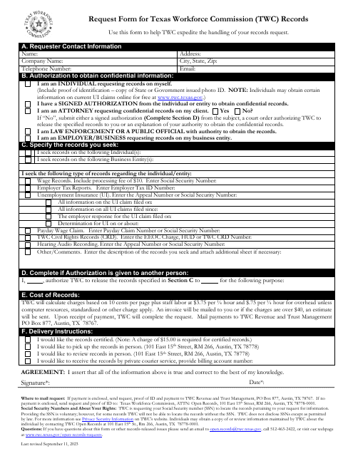 Request Form for Texas Workforce Commission (Twc) Records - Texas Download Pdf