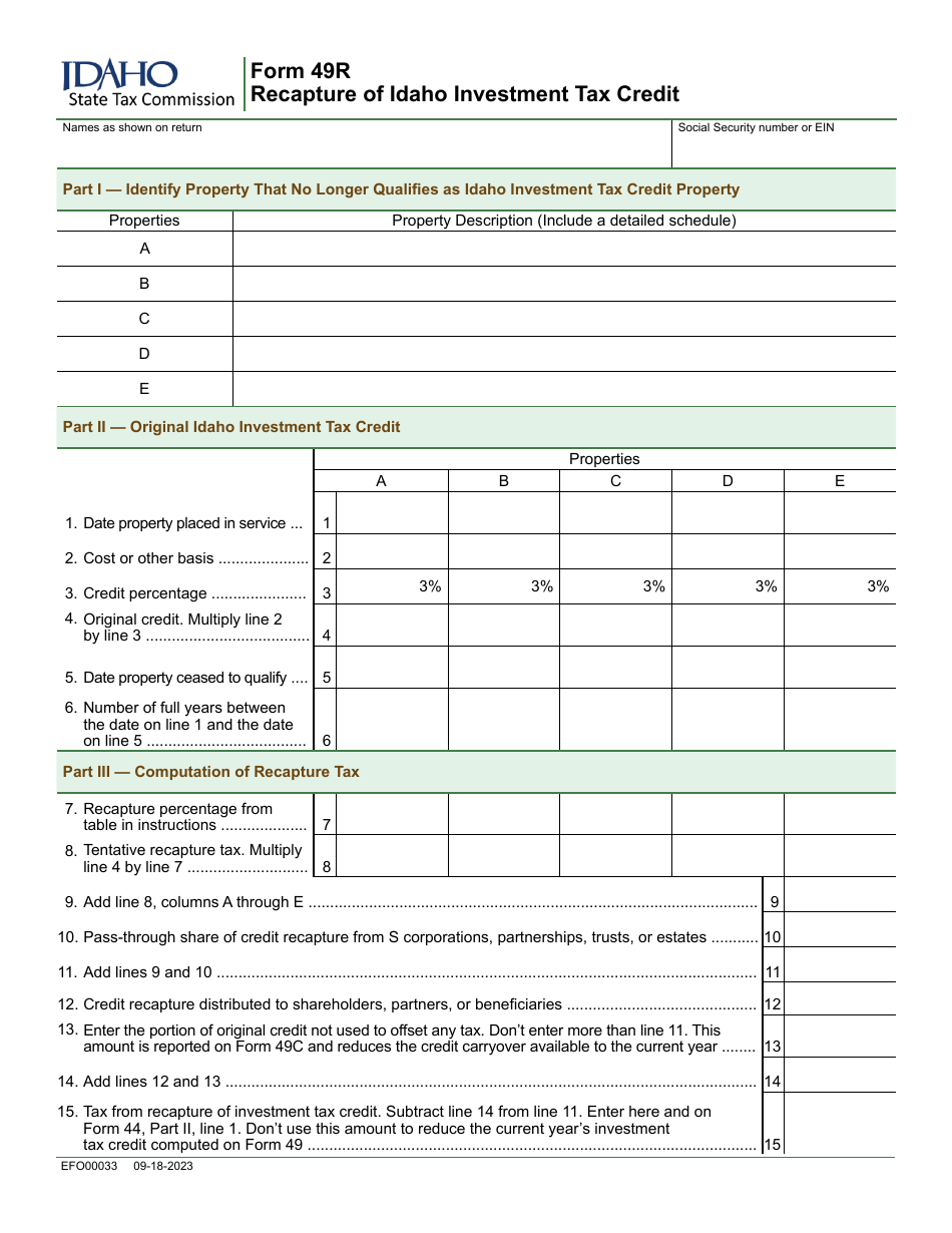 Form 49R (EFO00033) Recapture of Idaho Investment Tax Credit - Idaho, Page 1